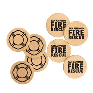 May include: Five wooden tokens with a black and white image of a fire hydrant and the text "SAN ANTONIO FIRE RESCUE" on each token.