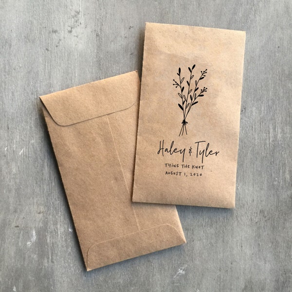 Custom Design Printed 100% Recycled Brown Kraft Personalized Seed Packets - Assembled Wedding Favors - FREE U. S. SHIPPING
