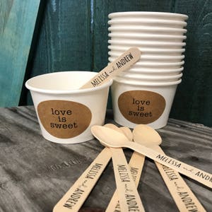 Love Is Sweet - (30) 8 Ounce White Ice Cream Cup with or without Lids, Wooden Spoon and Recycled Brown Kraft Label Set - Free US Shipping