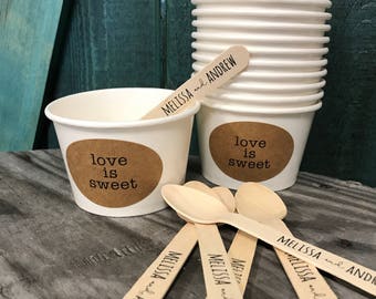 Love Is Sweet - (30) 8 Ounce White Ice Cream Cup with or without Lids, Wooden Spoon and Recycled Brown Kraft Label Set - Free US Shipping