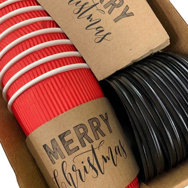 Gift Pack - Holiday - Christmas Corporate Housewarming - Natural Brown Kraft Coffee Sleeves, Holiday Red Cups & Black Lids - Merry Christmas