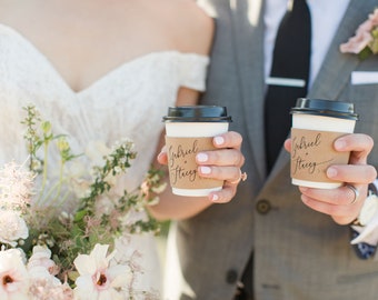 Personalized Natural Brown Kraft Coffee Sleeves Optional Cups & Lids - Optional Stirrers - Script Name + Name - Wedding - Shower - Party