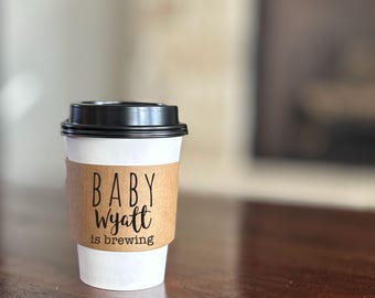 Custom Natural Brown Kraft Coffee Sleeves + Optional White Cups and Black Lids - Custom Baby is Brewing - Optional Baby Design Stir Sticks