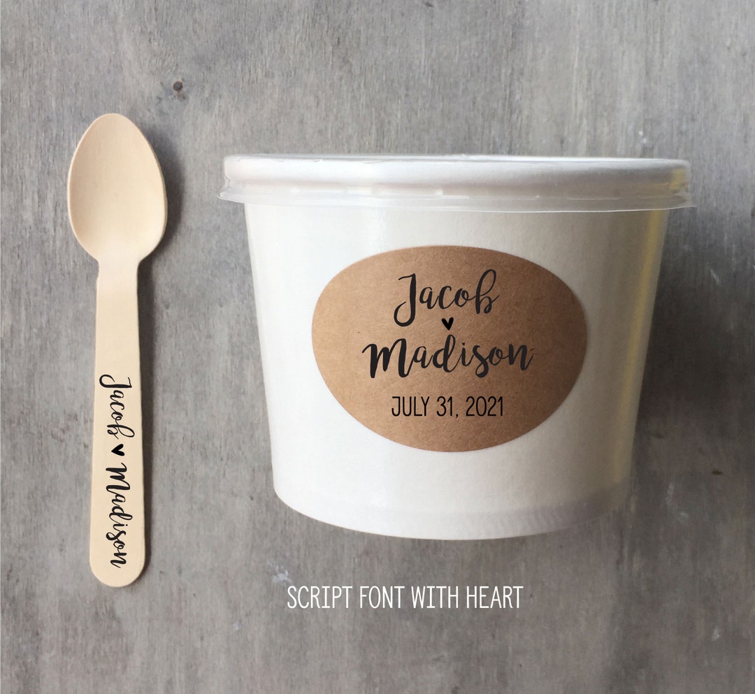 Spoon Label 8 Ounce White Ice Cream Cup, Wooden Spoon and Custom Recycled Brown ...