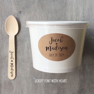 8 Ounce White Ice Cream Cup, Wooden Spoon and Custom Recycled Brown Kraft Label Set - Choose Quantity - Custom Label - Free US Shipping