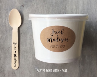 8 Ounce White Ice Cream Cup, Wooden Spoon and Custom Recycled Brown Kraft Label Set - Choose Quantity - Custom Label - Free US Shipping