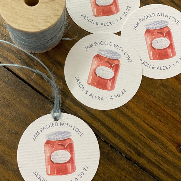 Textured White TAGS - 49mm Round Two Inch Tags - Jam Jar or Mason Jar Watercolor Design - Printed and Cut - CUSTOM - Party Wedding Favor