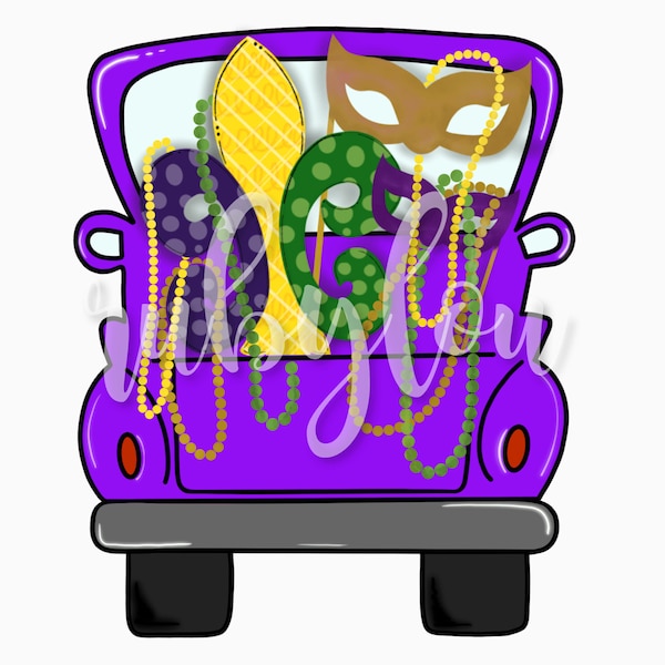 HAND DRAWN PNG Mardi Gras Truck whimsical  | digital download || vintage truck  Printable Artwork I Digital File