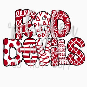 Red Devils PNG patchwork doodle letters / digital download / Sublimation design hand drawn Printable Artwork I Digital File
