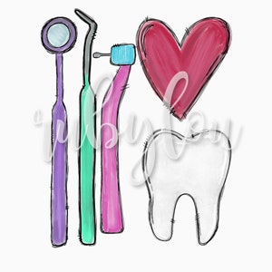 Narzędzia stomatologiczne Higienistka stomatologiczna Clipart ZESTAW elementy PNG | Otrzymujesz 5 || akwarela cyfrowa do pobrania | Wydrukowana grafika I Plik cyfrowy