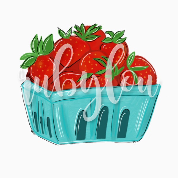 Erdbeeren | Erdbeere Korb | Hand gezeichnet Hand beschriftete PNG | digitaler Download || Sublimation || Druckbare Grafik digitale Datei