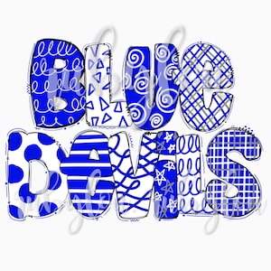 Blue Devils PNG patchwork doodle letters / descarga digital / Diseño de sublimación dibujado a mano Ilustración imprimible I Archivo digital