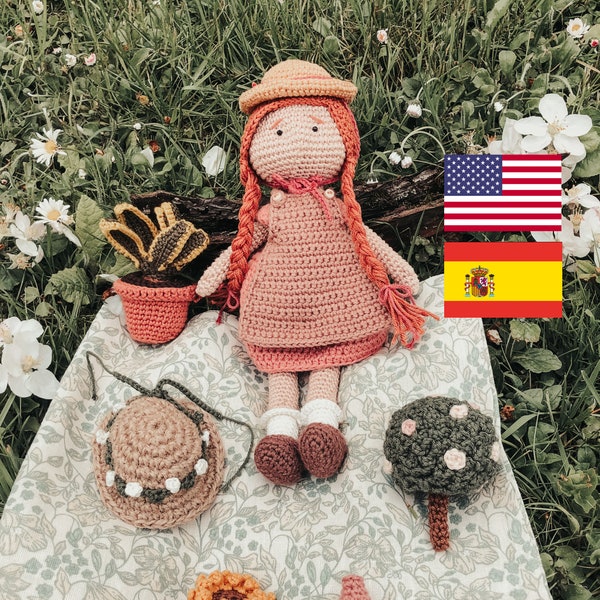 Olivia - Amigurumi Patrón de crochet, muñeca jardinera, muñeca amigurumi, anne amigurumi, amante de las plantas,