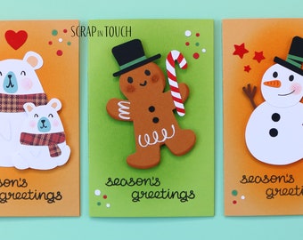 Tarjeta de Feliz Navidad "Ositos de peluche / Muñeco de nieve / Hombre de jengibre"
