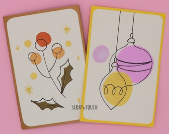 Tarjeta de Feliz Navidad "Bolas de Navidad en Rosa" y "Acebo en Bronce"