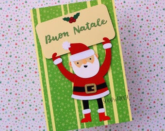 Tarjeta navideña “Papá Noel con cartel de Feliz Navidad”