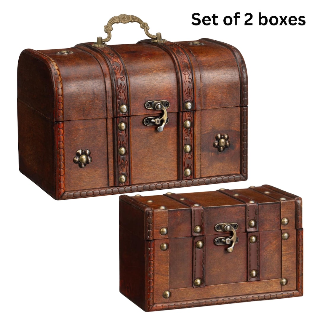 Wooden Treasure Chest Box Set of 2 – Medium & Small Vintage Storage ...