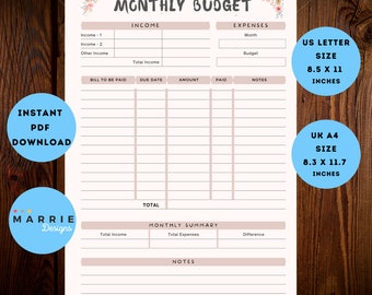 May include: A printable monthly budget planner with sections for income, expenses, and a monthly summary. The planner is designed in a light pink and white color scheme with floral accents. The printable is available in US Letter (8.5 x 11 inches) and UK A4 (8.3 x 11.7 inches) sizes.