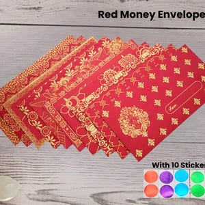 May include: Red money envelopes with gold floral patterns. The envelopes are rectangular and feature a space for "From:". The image also shows a set of 10 colourful stickers.