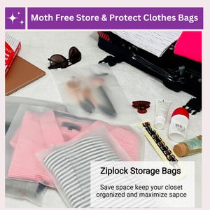 May include: A selection of clear Ziplock storage bags, some containing clothes and accessories. The image shows a pink sweater, striped shirt, sunglasses, and toiletries. Text reads "Moth Free Store & Protect Clothes Bags" and "Ziplock Storage Bags."