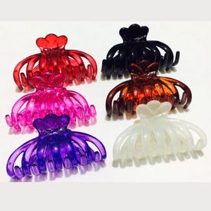 以下が含まれることがあります： 赤、黒、ピンク、茶色、白、紫の6色のヘアクリップ。各クリップは花型のトップと、湾曲した連動する歯を持っています。これらのプラスチック製のヘアアクセサリーは、髪を所定の位置に保つように設計されています。