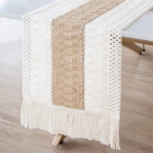 Macramé Table Runner Farmhouse Style Natural Burlap Table Runner Cotton Lace Dining Table Decor 12 x 72 Inch