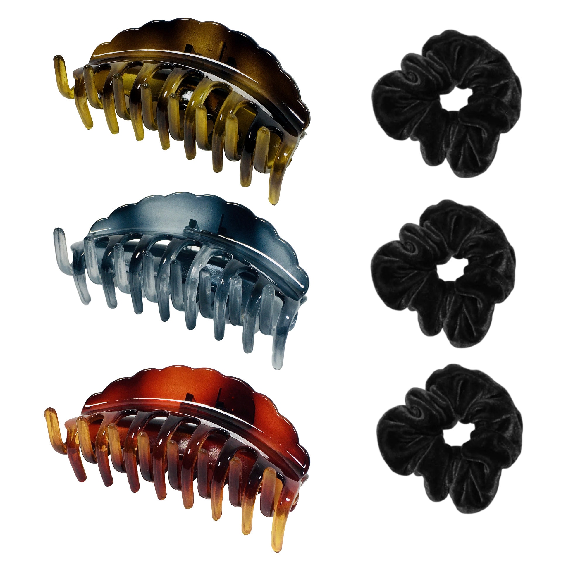 Marrie Haarkrallen Starke große Clips mit schwarzen Samt Scrunchies für Frauen (Pack von 3 Krallen + 3 Bänder)