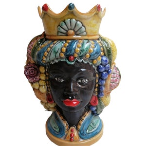 Double sided Sicilian head vase, two-faced dark brown head h 19 cm