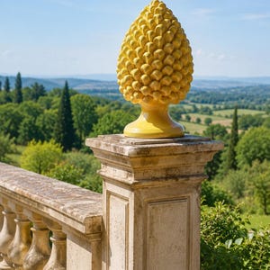 Peut inclure: Une sculpture de pomme de pin jaune vif en céramique sur un pilier de pierre. La sculpture est placée sur un fond de paysage verdoyant et de ciel bleu. Le pilier fait partie d'une balustrade en pierre.
