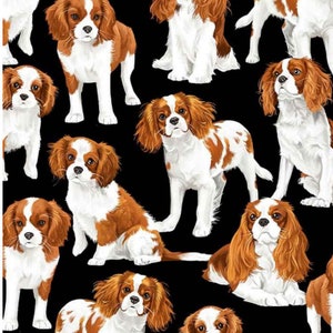 May include: A black background with a repeating pattern of Cavalier King Charles Spaniel dogs in various poses. The dogs are brown and white with long, flowing ears.