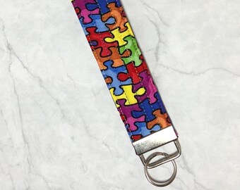 Autism awareness wristlet key fob, key chain, lanyard