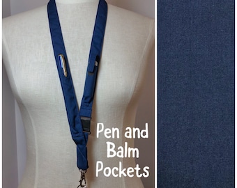 Solid Navy, pen and balm pocket Lanyard, pen holder