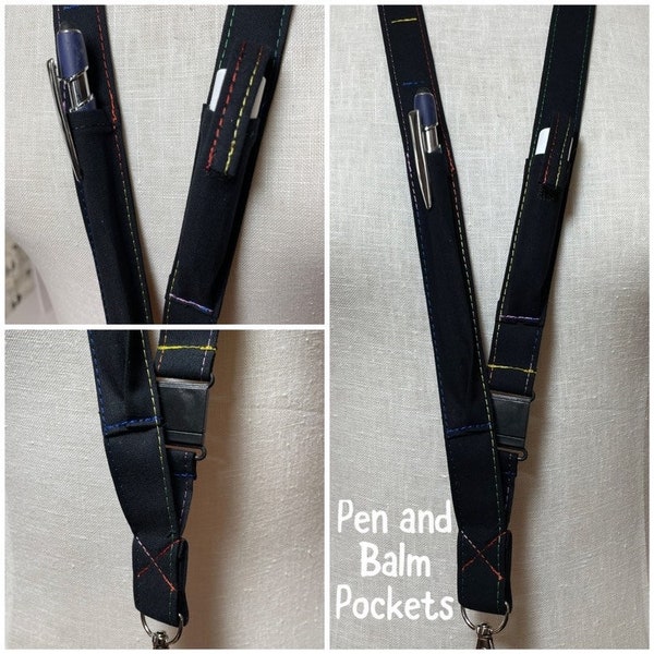 Black With rainbow thread pen and balm pocket lanyard