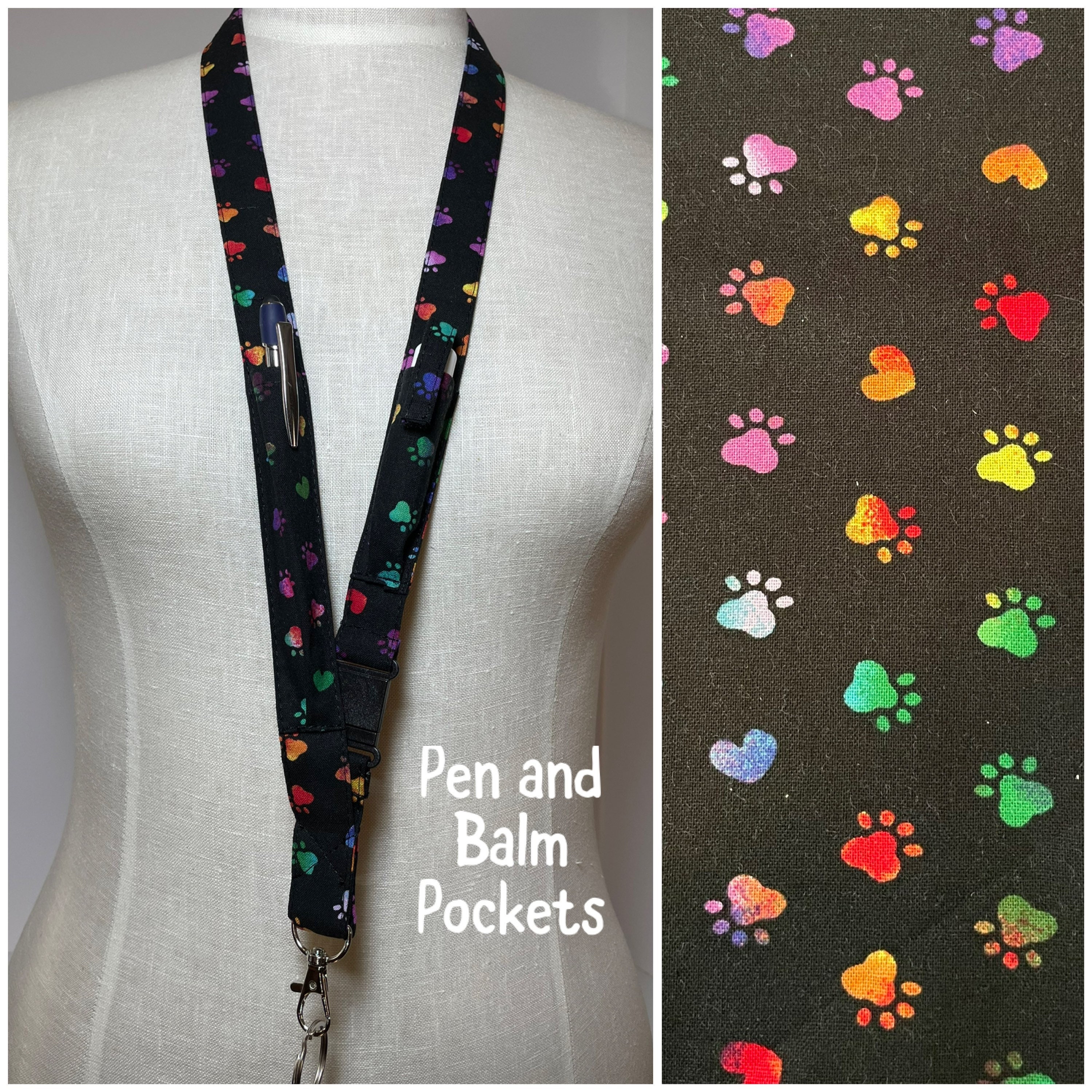 Rainbow dog paw prints black pen and balm pocket Lanyard, pen holder