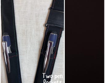 Black w/ Rainbow colored thread accent, two pen pocket Lanyard, pen holder