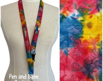 Rainbow Tie Dye pen and balm pocket Lanyard, pen holder