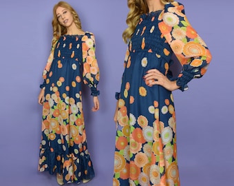 1970s CAGLIARI Vintage Dress Xxs/Xs Dark Blue Orange Retro Flower Print Off Shoulder Shirred Bodice Long Sleeve Maxi - Size 2XS to XS