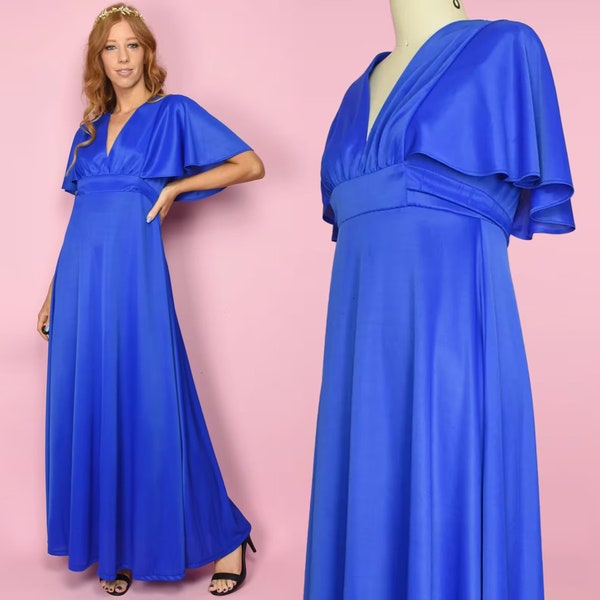 1970s SEA NYMPH Vintage Dress S Cobalt Blue V Neck Butterfly Sleeve Slinky Flowy Jersey Disco Maxi Grecian 70s Gown - Size Small