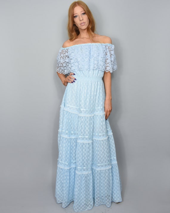 Vintage 1970s Baby Blue Lace Tiered Maxi Dress / off the Shoulder Prairie Gown - Size XS - Etsy Vintage 1970s Baby Blue Lace Tiered Maxi Dress / off the Shoulder Prairie Gown - Size XS - Etsy