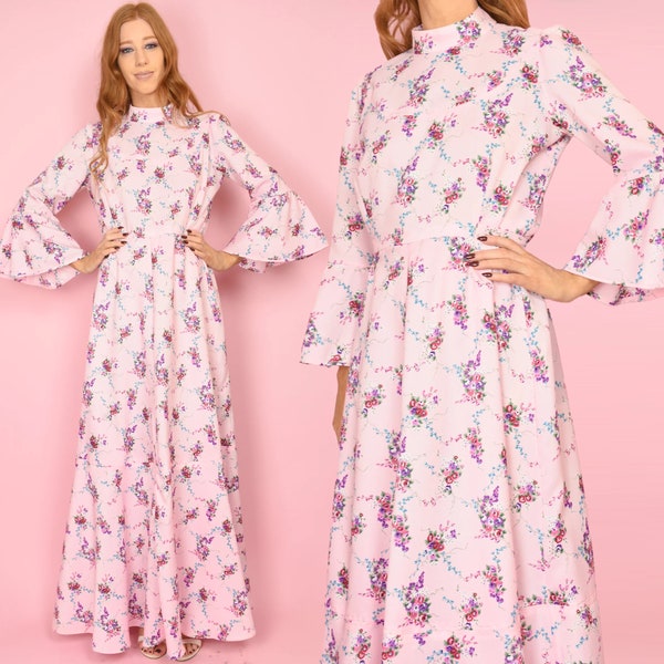 Robe vintage GARDEN Of EDEN des années 1970 M rose imprimé floral manches longues col haut crêpe des années 70 déesse bohème robe longue - taille moyenne