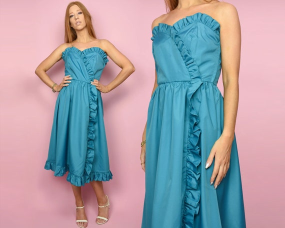 1980s MONTEBELLO Vintage Dress XS/S Cerulean Blue… - image 1