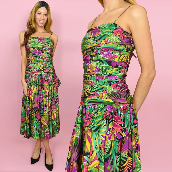 Robe vintage des années 1980 COPACABANA XXS ruché imprimé tropical des années 80 Cocktail coloré corsage ruché Midi - taille très très petite 2X