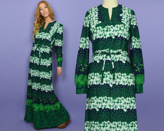 1970s LUCKY CHARM Vintage Dress S Green Navy Whit… - image 1