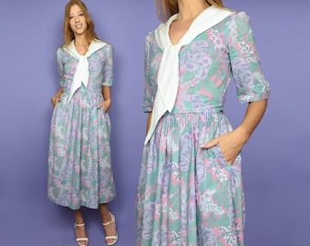 Jaren '80 LAURA ASHLEY Vintage Jurk XXS Fit & Flare Theejurk met zakken - Pastelroze Groen Paars Wit Sailor Kraag - Maat 2XS