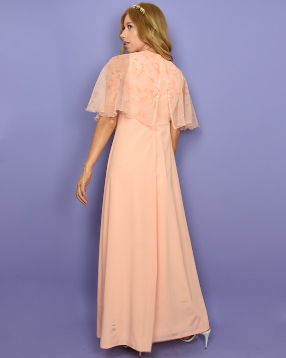 1970s ARDYN Vintage Dress S Peach Chiffon Cape Sl… - image 7