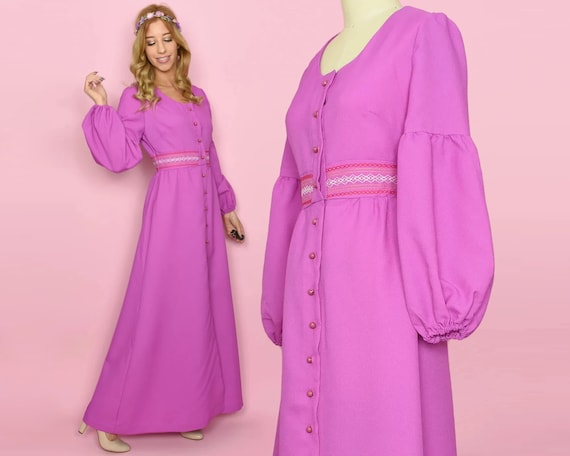 1970s FÊTE ROSE Vintage Dress S Fuchsia Long Slee… - image 1