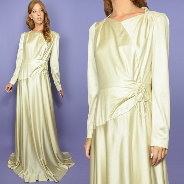 70s Does 40s ZENA Vintage Dress M Pale Gold Champagne Satin Tricot Long Sleeve Tie Waist Hollywood Glam Formal Evening Gown - Size Medium