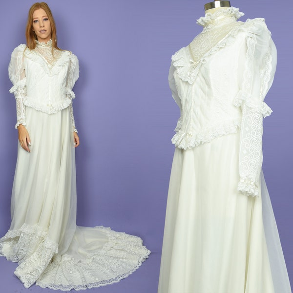 1980s ADA Vintage Wedding Dress S High Lace Neck Victorian Style Juliet Sleeve Peplum Frill Waist 80s Bridal Gown with Train & Veil