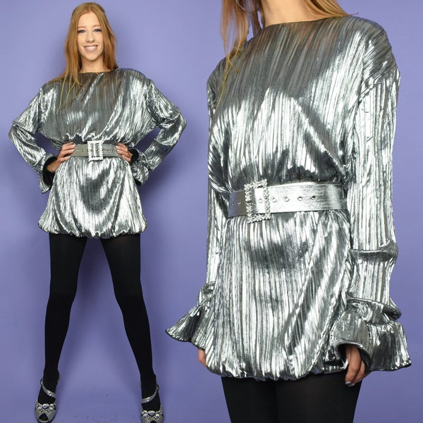 1980s BROOKLYN BABY Vintage Mini L Silver Lamé Plissé Long Sleeve Belted Mini Bubble Dress/Long Top Retro Metallic Party - Size Large