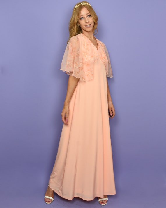 1970s ARDYN Vintage Dress S Peach Chiffon Cape Sl… - image 5